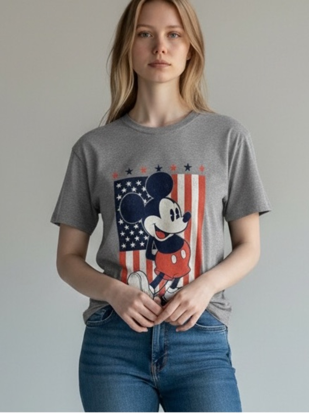 Disney Mickey Mouse Americana Graphic T-Shirt - Heather Gray USA Flag Tee Sz S